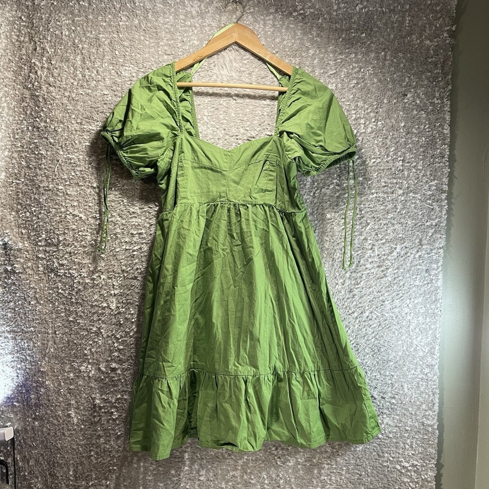 Sim & Sam Mini-Dress Tiered Smocked Fairy Babydoll Puff Sleeve XL Cotton Green - Picture 1 of 11